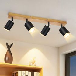 Led Deckenleuchte Deckenstrahler 4 Flammig - Deckenlampe GU10 Holz Schwarz 355° Schwenkbar Küchenlampe Vintage Deckenspots Industrial für Flur Küche