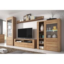 Wohnwand HOME AFFAIRE "Larona, Anbauwand, Set 4 Teilig", braun (eichefarben riviera), Kastenmöbel-Sets, bestehend aus 1 TV-Board, 1 Highboard, 1 Vitrine, 1 Wandregal