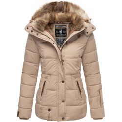 Winterjacke MARIKOO "Nekoo", Damen, Gr. L (40), beige, Oberstoff: 100% Polyester, Futter: 100% Polyester, Wattierung: 100% Polyester, Ärmelfutter: 100% Polyester, Kunstpelz: 90% Polyacryl, 10% Polyester, modisch, tailliert hüftbedeckend, Jacken, stylische Damen Steppjacke mit großer Kapuze