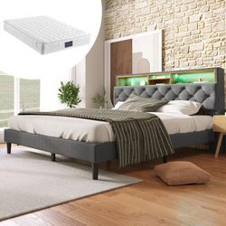 Polsterbett Doppelbett Stauraum-Kopfteil Bett mit LED-Beleuchtung Bettgestell Lattenrost aus Holz,140200CM Grau(Mit Matratze)