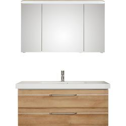 Badmöbel-Set SAPHIR "Balto Sprint 2-teilig, Mineralmarmor-Waschtisch mit LED-Spiegelschrank", braun (riviera eiche quer nachbildung), B:123cm H:200cm T:50,8cm, Spanplatte, Kastenmöbel-Sets, Badezimmer Set inkl. Türdämpfer, 3 Türen, 2 Schubladen