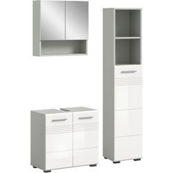 Badmöbel-Set WELLTIME "Calicio, bestehend aus: Waschbeckenunterschrank, Spiegelschrank", grau (hellgrau, weiß hochglanz), B:105cm H:190cm T:32cm, Holzwerkstoff, MDF, Kastenmöbel-Sets, Hochschrank, hochwertige MDF Front mit Rillenfräsung