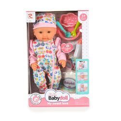 Moni Kinderpuppe 36 cm Mütze Pyjama Besteck Schüssel, Löffel, Gabel, Fläschchen rosa