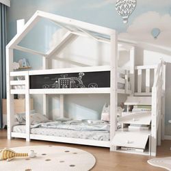 Okwish - 891234AAW) Baumhaus Kinderbett 90 x 200 cm, Kinder-Etagenbett mit Kamin & Stauraum und Absturzsicherung, weiß, Brett inklusive – 2x