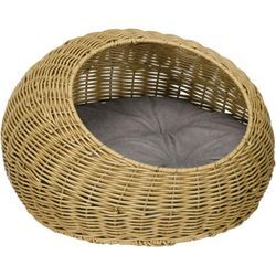 Rattan Katzenkorb Katzenhaus Katzenhütte mit Kissen für Katzen bis 4 kg, Haustierbett Katzenhöhle, Indoor, PE-Rattan, Ø50 x 31 cm, Hellbraun - Pawhut