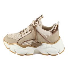 Plateausneaker BUFFALO "BINARY QUILT" Gr. 37, beige (beige metallic), Damen, Lederimitat, Schuhe, Chunky-Schnürer, Freizeitsneaker, Halbschuh mit Metallic-Akzenten