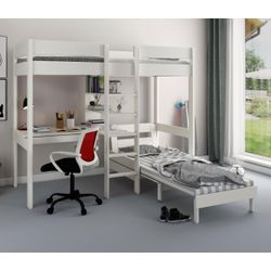 Hochbett LÜTTENHÜTT "Stockbett, Kinderbett, "ROBIN " FSC zertifiziertes Massivholz", weiß, B:99cm H:174cm L:208cm, Hochbetten, mit Schreibtisch und Regalen