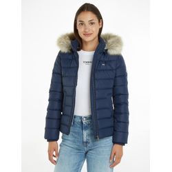 Daunenjacke TOMMY JEANS "BASIC HOODED DOWN JACKET", Damen, Gr. XS (34), blau (twilight navy), Web, Obermaterial: 100% Polyester. Wattierung: 70% Daunen, 30% Federn, unifarben, bestickt, Fellimitat, casual, Basic hüftlang, Jacken, mit Fellimitat an der Kapuze & Tommy Jeans Logo-Flag, Topseller