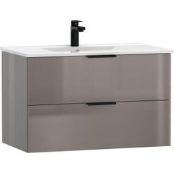 Waschtisch WELLTIME "Athen Badschrank Badezimmer WC Unterschrank mit Becken", grau (grau, grau hochglanz), B:80cm H:50cm T:46cm, Waschtische, Waschplatz mit 2 Schubladen, Breite 80cm Softclose Bad