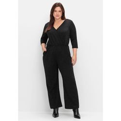 Jumpsuit SHEEGO "Große Größen", Damen, Gr. 42, Normalgrößen, schwarz, Obermaterial: 91% Polyester, 5% metallisierte Fasern, 4% Elasthan, unifarben, feminin, figurumspielend lang, V-Ausschnitt, 3/4-Ärmel, Overalls, in Wickeloptik, mit Glitzergarn