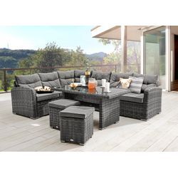 Gartenlounge-Set DESTINY "SANTA PONSA", grau (mix grau), B:206cm H:80cm, Obermaterial: 100% Polyester. Füllung: 50% Polyester, 50% Polyurethan, Sitzmöbel-Sets, Aluminium, Polyrattan