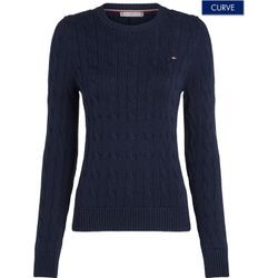 Rundhalspullover TOMMY HILFIGER CURVE "CRV CO CABLE VAR LS C-NK SWT" Gr. 46, blau (schwarz night navy), Damen, Strick, Obermaterial: 100% Baumwolle, unifarben, bestickt, Pullover, in Großen Größen, mit Zopfmuster, Langarm