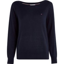 Strickpullover TOMMY HILFIGER "CO JERSEY STITCH V-NK SWEATER" Gr. L (40), blau (desert sky), Damen, Feinstrick, Obermaterial: 67% Baumwolle, 33% Polyamid, unifarben, Pullover, mit Tommy Hilfiger Logo-Flag