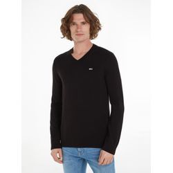 Sweatshirt TOMMY JEANS "TJM SLIM V NECK ESSNTL SWEATER", Herren, Gr. XXL, schwarz, Sweatware, Obermaterial: 100% Baumwolle, casual, slim fit, V-Ausschnitt, Langarm Rippstrickbündchen, Sweatshirts, mit Logostickerei