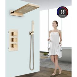 Onyzpily - Unterputz Duscharmatur Set Gebürstet Gold mit Thermostat Regendusche Duschsystem Duschset Eckig Regenduschkopf und Messing Handbrause