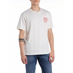 T-Shirt REPLAY, Herren, Gr. L, butter weiß, Jersey, Obermaterial: 100% Baumwolle, bedruckt, meliert, regular fit, Rundhals, Kurzarm abgesteppte Kante, Shirts, mit Rückenprint