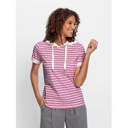 Kapuzenshirt CASUAL LOOKS "Kapuzen-Shirt", Damen, Gr. 42, lila (magenta, ecru, geringelt), 100% Baumwolle, gemustert, gestreift, mehrfarbig, Kurzarm, Shirts