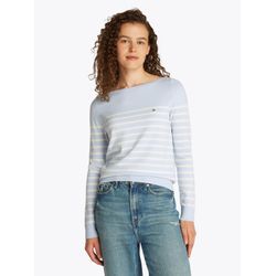 Strickpullover TOMMY HILFIGER "CO JERSEY STITCH BOAT-NK SWEATER", Damen, Gr. S (36), breezy blau, ivory petal stp, Strick, Obermaterial: 67% Baumwolle, 33% Polyamid, gestreift, casual, Basic hüftlang, U-Boot-Ausschnitt, Pullover, mit Tommy Hilfiger Logo-Flag am Ärmel