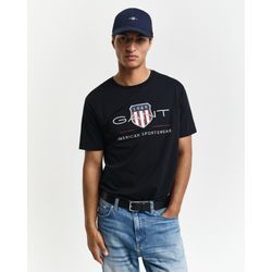 T-Shirt GANT "REG ARCHIVE SHIELD SS T-SHIRT", Herren, Gr. M, schwarz, Jersey, Obermaterial: 100% Baumwolle, casual, regular fit hüftlang, Rundhals, Kurzarm abgesteppte Kante, Shirts, mit Logodruck auf der Brust