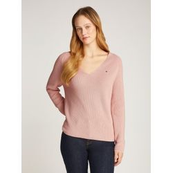 Strickpullover TOMMY HILFIGER "CO CARDI STITCH V-NK LS", Damen, Gr. XL (42), foggy pink, Strick, Obermaterial: 100% Baumwolle, gestreift, casual, normal hüftlang, V-Ausschnitt, Langarm Raglanärmel Strickbündchen, Pullover, mit Logostickerei