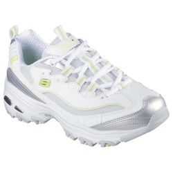 Sneaker SKECHERS "D'LITES-CHROMATIC", Damen, Gr. 35, silber (weiß, silberfarben), Lederimitat, Textil, metallic, modisch, Schuhe, Plateausneaker, Schnürschuh mit Metallic Einsätzen