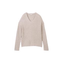 TOM TAILOR Damen Strickpullover mit V-Ausschnitt, weiß, Uni, Gr. XXL