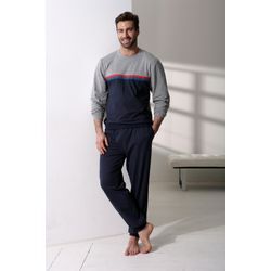 Pyjama LE JOGGER, Herren, Gr. 44/46, bunt (grau, meliert, blau), Jersey, Obermaterial: 100% Baumwolle, unifarben, Basic, bequem lang, Rundhals, Langarm angesetztes Bündchen, Homewear-Sets, in langer Form mit kontrastfarbenen Streifen, Topseller