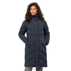 Daunenmantel JACK WOLFSKIN "MARIENPLATZ COAT W", Damen, Gr. L, blau (night blau), Obermaterial: 87% Polyamid, 13% Elasthan. Futter: 100% Polyester. Wattierung: 90% Daunen, 10% Federn, sportlich, hoch geschlossener Ausschnitt, Mäntel, mit Kapuze