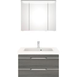 Badmöbel-Set SAPHIR "Balto Sprint 2-teilig, Mineralmarmor-Waschtisch mit LED-Spiegelschrank", grau (graphit struktur quer nachbildung), B:92cm H:200cm T:50,8cm, Spanplatte, Kastenmöbel-Sets, Badezimmer Set 92 cm breit, inkl. Türdämpfer, 3 Türen, 2 Schubladen