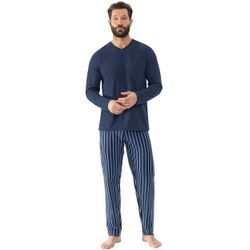 Schlafanzug MEY "STRAIGHT", Herren, Gr. XL, blau (yacht blau), Single Jersey, Obermaterial: 100% Baumwolle, casual, Langarm, Homewear-Sets, Langarm-Shirt mit Brusttasche