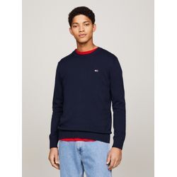 Rundhalspullover TOMMY JEANS "TJM SLIM ESSENTIAL LIGHT SWEATER", Herren, Gr. S, blau (schwarz night navy), Strick, Obermaterial: 100% Baumwolle, casual, Rundhals, Langarm, Pullover, mit Flag-Patch
