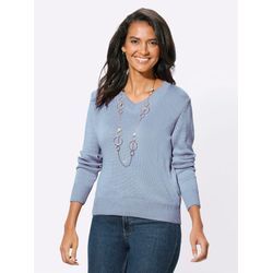 V-Ausschnitt-Pullover CASUAL LOOKS "Pullover", Damen, Gr. 36, blau (eisblau), 50% Baumwolle, 50% Polyacryl, unifarben, meliert, figurumspielend, Langarm, Pullover