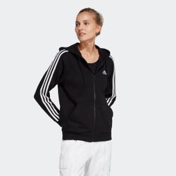 Kapuzensweatjacke ADIDAS SPORTSWEAR "ESSENTIALS 3STREIFEN FRENCH TERRY REGULAR KAPUZENJACKE", Damen, Gr. XS, schwarz-weiß (schwarz, weiß), Sweatware, Obermaterial: 100% Baumwolle, clean, sportlich, Langarm, Sweatjacken