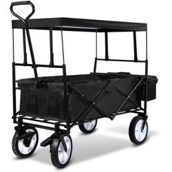 Swanew - Bollerwagen faltbar mit Dach Handwagen Transportwagen Gerätewagen klappbar, Vollgummi-Reifen, bis 80 kg Gartenwagen Schwarz