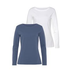 Langarmshirt VIVANCE "aus reiner Baumwolle", Damen, Gr. 32/34, blau (blau, creme), Interlock, Obermaterial: 100% Baumwolle, unifarben, Basic, Basic, Rundhals, Langarm, Shirts, aus leicht wärmender Interlock-Qualität