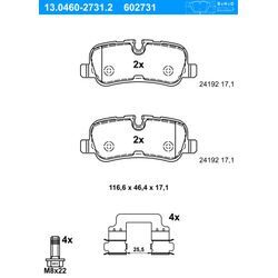 ATE Bremsbelagsatz, Scheibenbremse hinten rechts links mit Zubehör für LAND ROVER LR015519 13.0460-2731.2