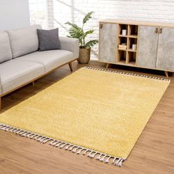 Hochflor-Teppich CARPET CITY "Pulpy 100" Gr. 8, gelb, B:300cm H:30mm L:400cm, Kunstfaser, Teppiche, Fransenteppich, sehr weich, mit Fransen, uni, viele Größen, Wohnzimmer, Schafzimmer