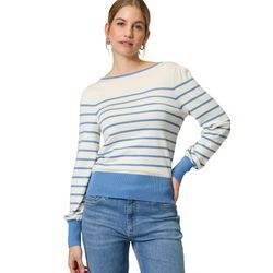 Strickpullover ZERO "zero Pullover mit Streifen", Damen, Gr. 34, beige (patch creamblau), Strick, Obermaterial: 80% Viskose, 20% Polyester. Ärmelfutter: ohne Futter., gestreift, casual, figurbetont normal, U-Boot-Ausschnitt, Langarm weit Bündchen kontrastfarben, Pullover, Plain/ohne Details