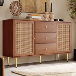 Okwish - Kommode Beistellschrank Sideboard Anrichte Schrank Rattan (Schubladenkommode mit 2 Türen und 3 Schubladen aus Massivholz Holz), Füße aus