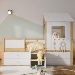 Okwish - Kinderbett, halbhohes Bett, Hochbett mit Dach und Fenster, vierseitiger Zaun, mit 4 Schubladen und kleiner Treppe, Kiefer+MDF+Sperrholz,