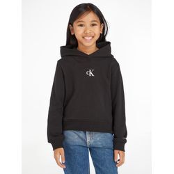 Kapuzensweatshirt CALVIN KLEIN JEANS "CK LOGO BOXY HOODIE", Mädchen, Gr. 10 (140), schwarz, Sweatware, Obermaterial: 86% Baumwolle, 14% Polyester, unifarben, casual, regular fit, Langarm Bündchen, Sweatshirts, für Kinder bis 16 Jahre