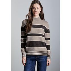 Strickpullover STREET ONE, Damen, Gr. 34, beige (breezy beige meliert), Stoff, 30% Polyester, 29% Polyacryl, 21% Viskose, 20% Nylon, gestreift, casual, gerade normal, hoch geschlossener Ausschnitt, Langarm Rippbündchen, Pullover, mit Stehkragen