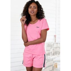 Kurzarmshirt VIVANCE, Damen, Gr. 32/34, bunt (rosa, blau), Sweatware, Obermaterial: 95% Baumwolle, 5% Elasthan, unifarben mit Farbeinsatz, modisch, lässig geschnitten normal, Rundhals, Kurzarm angeschnitten abgesteppt, Shirts, T-Shirt mit Stickerei, Loungewear