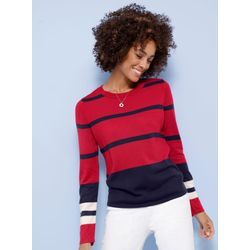 Strickpullover CLASSIC BASICS "Pullover", Damen, Gr. 38, bunt (rot, marine, gemustert), 100% Polyacryl, gemustert, gestreift, mehrfarbig, Langarm, Pullover