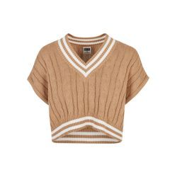 Rundhalspullover URBAN CLASSICS "Urban Classics Damen Ladies Cropped Knit College Slipover", Damen, Gr. L, beige (unionbeige), 100% Baumwolle, gestreift, casual, oversize, V-Ausschnitt, ohne Ärmel, Pullover