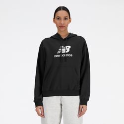 Kapuzensweatshirt NEW BALANCE "Sport Essentials Fleece Logo Hoodie", Damen, Gr. M, schwarz, Sweatware, Obermaterial: 60% Baumwolle, 40% Polyester, bedruckt, sportlich, Langarm, Sweatshirts, mit Kordelzug