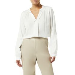 Satinbluse COMMA, Damen, Gr. 36, beige (ecru), Satin, Obermaterial: 58% Polyester, 42% Viskose, unifarben, casual, gerade hüftbedeckend, V-Ausschnitt, Langarm 1-Knopf-Manschette, Blusen, mit Zier-Detail am Ausschnitt