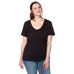 T-Shirt SHEEGO "Große Größen", Damen, Gr. 40/42, schwarz, Obermaterial: 100% Baumwolle, unifarben, sportlich, figurumspielend normal, V-Ausschnitt, Kurzarm, Shirts, aus fein gerippter Qualität