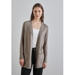 Cardigan STREET ONE, Damen, Gr. 34, beige (breezy beige meliert), Web, 37% Baumwolle, 34% Polyacryl, 26% Polyester, 3% Elasthan, unifarben, casual, normal normal, ohne Ausschnitt, Langarm Bündchen, Strickjacken, aus Baumwolle mit Stretchanteil