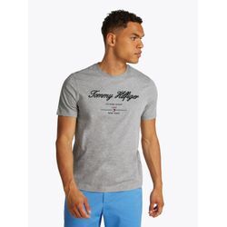 T-Shirt TOMMY HILFIGER "SCRIPT LOGO TEE", Herren, Gr. L, grau (light grau heather), Single Jersey, Obermaterial: 100% Baumwolle, casual, regular fit hüftlang, Rundhals, Kurzarm abgesteppt, Shirts, mit aufgesticktem Logo